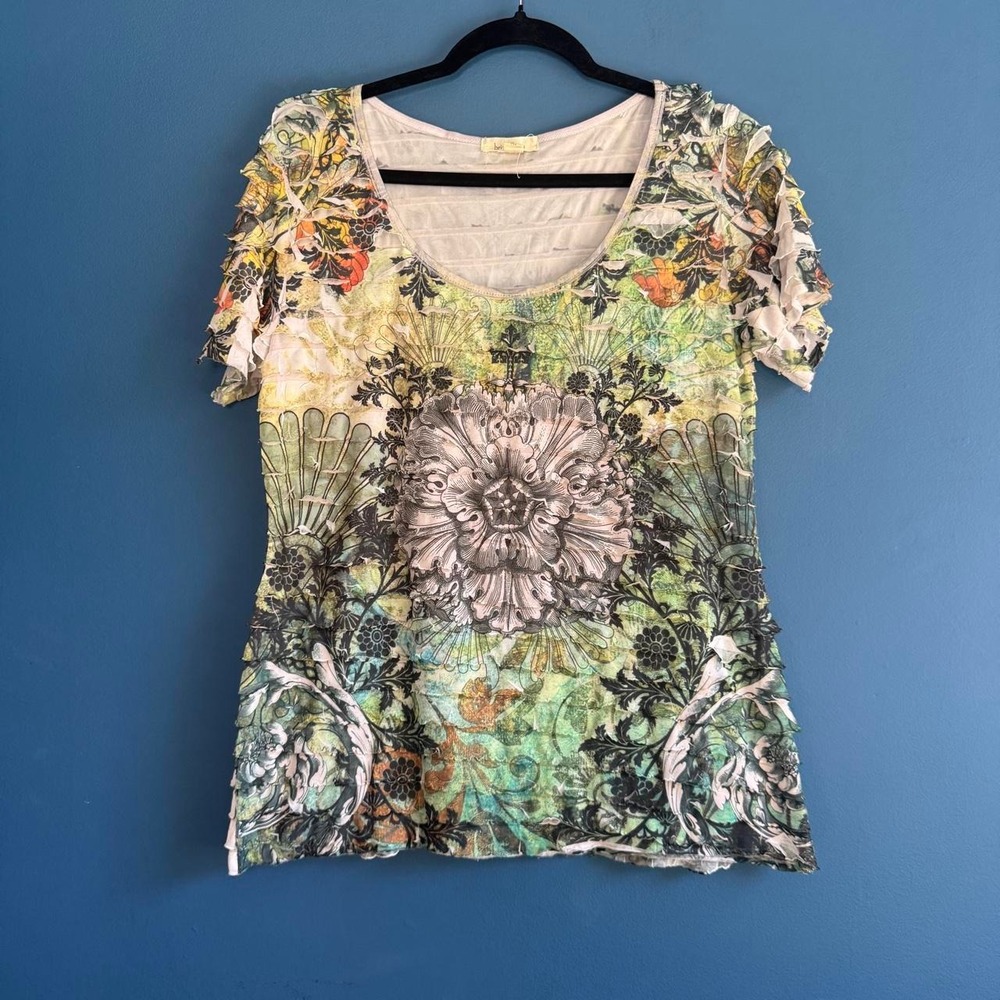 Y2K Ruffle Shirt Women's Size XL Brina & Em Green Boho Hippie 2000s Made In USA